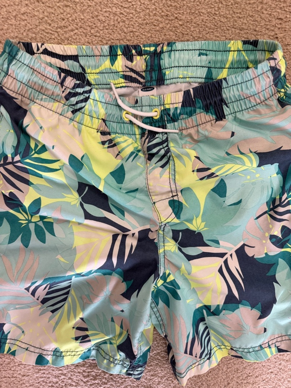 Old Navy Boys Tropical Leaf Swim Trunks - Aqua, Navy, Lime